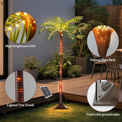 Solar Palm Tree Lights for Patio Outdoor Decoration，4.6FT Artificial Palm Tree with 110 LED Lights for Pool Tiki Bar Garden, Palm Trees with Light Up Plastic TreeTrunk and Rechargeable Remote Control