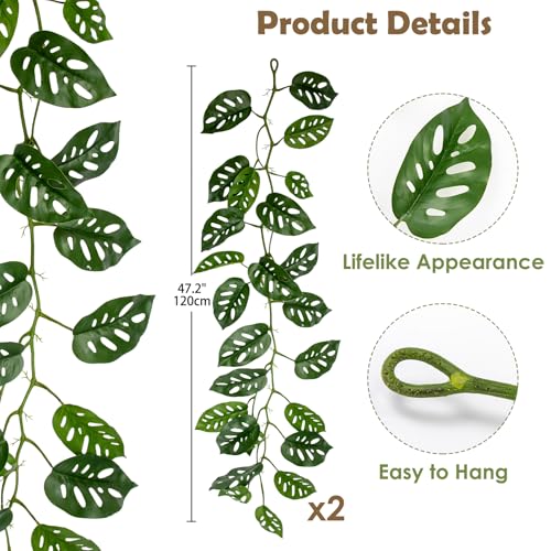 2Pcs Artificial Monstera Leaves Vines 4ft Fake Hanging Plant Ivy Vines Greenery Garland Faux Tropical Vine Decor for Wall Jungle Luau Beach Birthday Party Indoor Outdoor Home Décor - color: Monstera#style 1