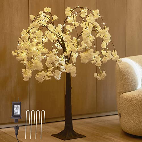 LITBLOOM White Cherry Blossom Tree with Lights 4FT 180 Fairy Lights, Faux Lighted Tree for Indoor Outdoor Home, Wedding, Party Spring Decoration - style: 4FT White Cherry