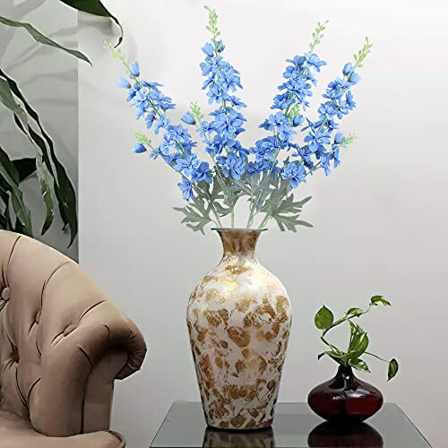 FERIAL Blue Silk Larkspur Flowers 4pcs Artificial Delphinium Faux Snapdragon Long Stem Fake Plant Spray Arrangement for Home Decor Indoor Outdoor Office Garden Wedding Table Vase Decor (Blue) - color: Blue