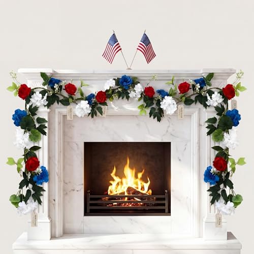 5 ft Red White Blue Flower Garland with Lights for Mantel Patriotic 250th Anniversary 4th of July Garland Decoration Memorial Independence Day Flexible Floral Decor for Door Stair Table - color: Red, White, Blue, style: Patriotic Flower