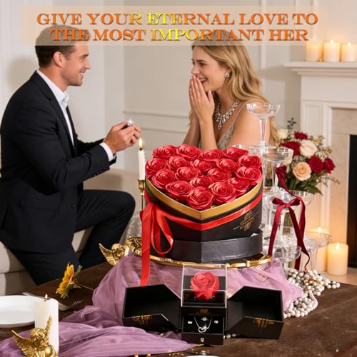 Artificial Forever Preserved Flowers Box & Preserved Roses with Necklace Ring Earrings,Gifts for Mom Grandma Women Girlfriend Wife on Birthday Mothers Day Valentines Christmas Anniversary Wedding