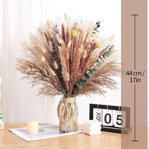 Bohemian Golden Wheat & Pampas Grass Bouquet – Warm Earthy Dried Floral Arrangement with Yellow Accents in Woven Vase (Mocha Tones) - color: Mocha Tones