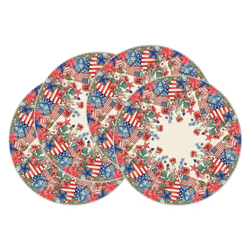 XCHI Watercolor Flowers America Stars Fireworks Memorial Day Round Placemats Set of 4 Table Mats 4th of July Patriotic Independence Day for Party Home Kitchen Dining Table Decorations 14x14 Inch - size: Round Placemats Set of 4 （14x14 Inch）