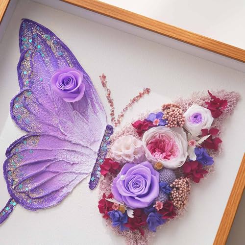 ADDWel Preserved Real Rose Butterfly Shadow Box - 12x12 3D Handmade Eternal Flower Wall Art, Unique Birthday Anniversary Purple Gifts for Women, Mom, Wife, Grandma - color: Preserved Roses - Butterfly Roses