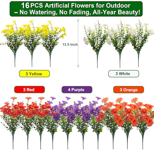 Grunyia Artificial Faux Flowers for Outdoor 16 Bundles Boxwood Fake Morning Glory for Planter,UV Resistant Fake Flowers for Home Porch Patio Outside (White,Yelow,Orange,Red,Purple) - color: Mix(white,yelow,orange,red,purple)