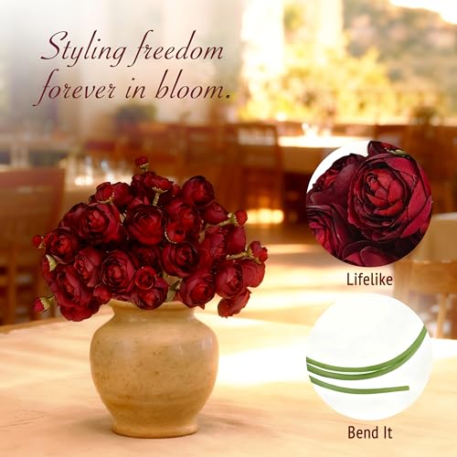 Silk Ranunculus Artificial Flowers Bulk 18PCS - Dark Red Silk Bouquet for Wedding Centerpieces, Bridal Shower, Home Decor Arrangements, Valentine's Day,Mother's Day - color: Wine Red