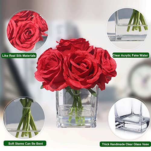 Red Roses Silk Flowers in Vase with Fake Water, Artificial Rose with Vase for Home Decor Indoor, Wedding Table (Red) - color: Red
