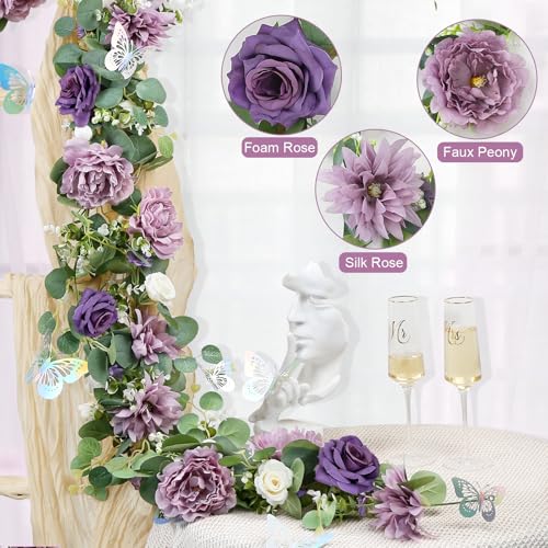 6 Pack 5.9 FT Artificial Flower Garland with Butterflies Fake Rose Garland Faux Greenery Eucalyptus Garlands for Wedding Table Backdrop Arch Centerpieces Decorations - Light Purple & Purple - color: Dusty Purple, size: 6 Pack