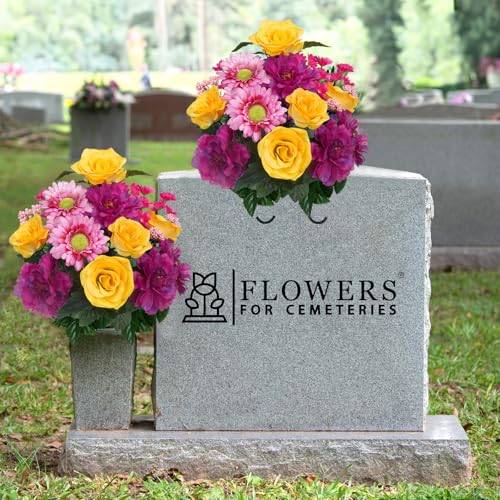 14 Stems Cemetery Flowers for Grave Silk Rose Penoy Faux Dasies Bouquet 19.3" Multicolor Summer Flowers for Headstones Vase Outdoor Home Arrangement Table Centerpiece Decor 2Pcs - color: Purple Yellow-2pcs