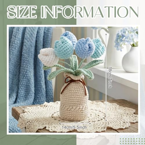 Marsui Crochet Knitting Tulip Bouquet with Vase 7" Knitted Artificial Forever Tulip Handmade Woven Flower with Exquisite Pot Gift for Father's Gifts Back to School Gift Family Home Desk Decor(Blue) - color: Blue, style: Tulip