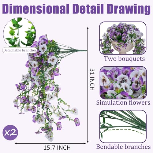 Faux Outdoor Plants,2 Pack Hanging Artificial Flowers Orchids for Wedding Party Decor - Long Faux Flowers UV Resistant for Front Porch,Hanging Baskets, Outdoor Planters, Table Decoration（Purple White） - color: Purple White 2pack