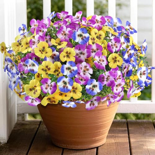 Artificial Pansies Flowers for Outdoor Faux Flower Spring Summer Decor, 12 Bundles Realistic Fake Silk Flowers Outside UV Resistant for Porch Patio Garden Home Window Box Planters Purple Mix - color: Purple Lilac Yellow