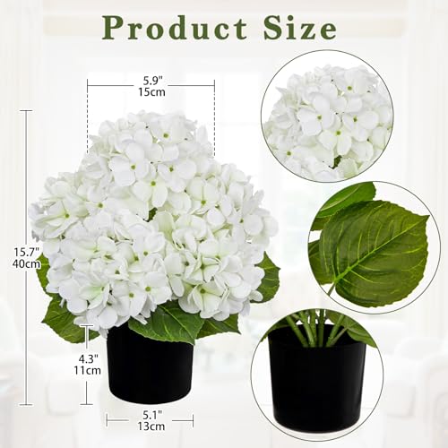 Hollyone White Hydrangea Artificial Flowers in Pots 15.7" Five-Head Faux Silk Hydranges Flower Arrangements for Indoor Home Office Kitchen Table Centerpieces Wedding Decorations - color: White, size: 5 Head Hydrangea