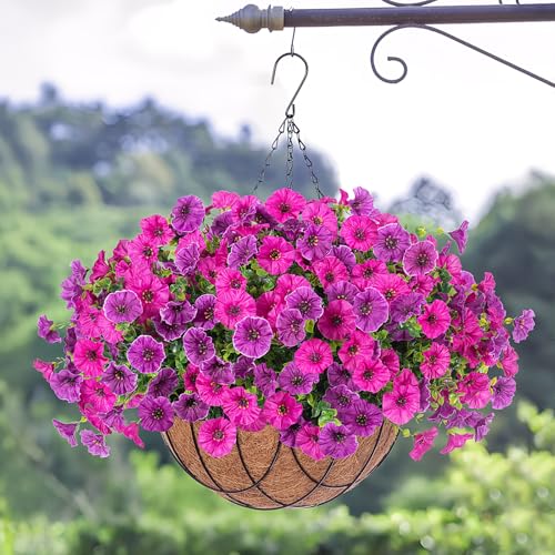 Artificial Fake Hanging Flowers with Basket for Outdoor Decor 12 Pcs UV Resistant Faux Silk Morning Glory Flowers Plants for Outdoor Outside Planters Home Porch Patio Balcony Spring Summer Decor