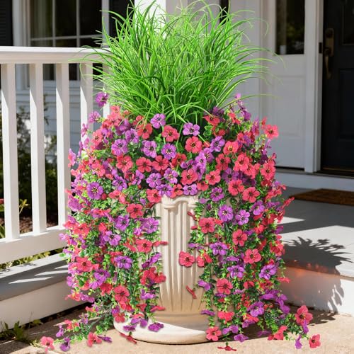 Artificial Hanging Flowers for Outdoors with Wheat Grass, 5 Pcs Fake Hanging Plants for Spring Decor, UV Resistant Faux Silk Flower Greenry for Planter Porch Patio Yard Garden(Purple Hot Pink) - color: Z Purple Hot Pink With Grass
