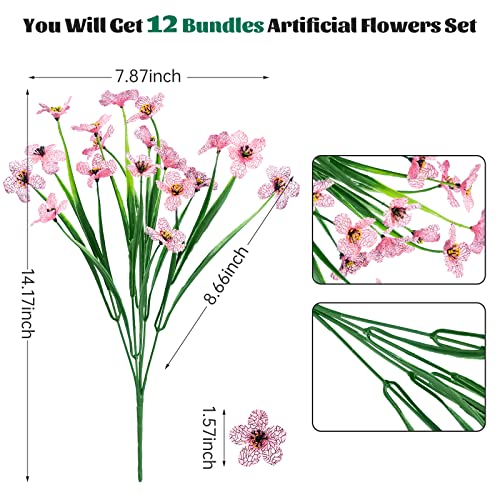 Lnoicy 12 Pcs Artificial Flowers for Outdoor,Plastic Flowers Decoration, UV Resistant Faux Flowers Shrubs, Artificial Plants for Indoor Outside Garden Home Wedding Farmhouse（Pink） - color: Pink, size: 12