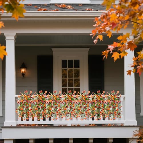 Artificial Faux Mums Fall Hanging Flowers for Outdoor Decoration,2 Pack Fake Silk Plants Daisy Realistic UV Resistant Summer Decor for Home Indoor Porch Patio Balcony Yard Autumn Decor (Brown Orange) - color: Brown Orange