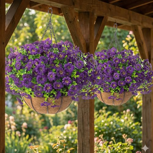 Hananona 2 Set Artificial Outdoor Flowers with Hanging Basket, 2 Hanging Planters with 24 Pcs Flowers for Spring Summer Front Porch Garden Patio Home Decor (2, Purple) - color: Purple