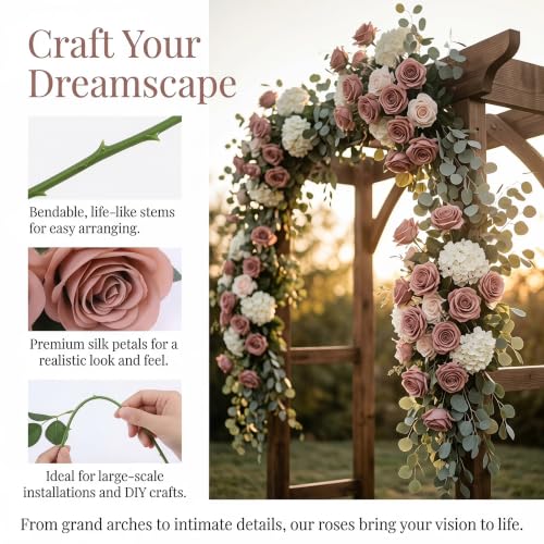 52pcs Dusty Rose Roses Artificial Flowers Fake Flowers Silk Roses with Stems for Wedding Party Bouquets Bridal Shower Centerpieces Floral Arrangements Party Decorations - color: Dusty Rose