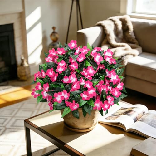 Roberly 6 Bundles Artificial Flowers for Outdoors, Faux Silk Catharanthus Roseus Flowers Bouquet Fake Greenery Plant for Spring Summer Garden Patio Porch Window Box Table Home Decor, Rose Red - color: Rose Red