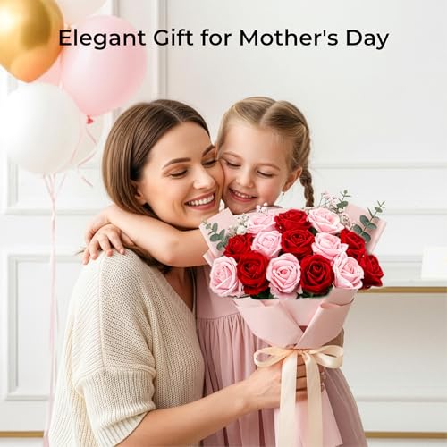 Auihiay 14PCS Red and Pink Artificial Roses, Lifelike Silk Fake Roses Bouquet with Long Stem for Father's Day, DIY Bouquets, Wedding Table Centerpieces & Party Home Decor - color: Red & Pink