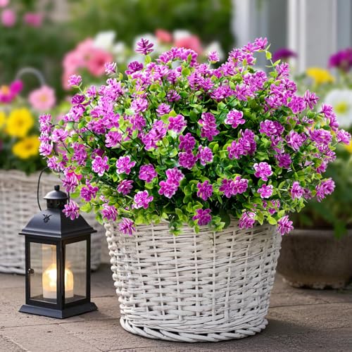 12 Pack Artificial Flowers & Plants for Outdoor Decor - Faux Eucalyptus & Lavender Greenery Shrubs - Fake Plants for Garden, Porch, Patio, Cemetery - Spring & Autumn Home Decoration - color: Rose