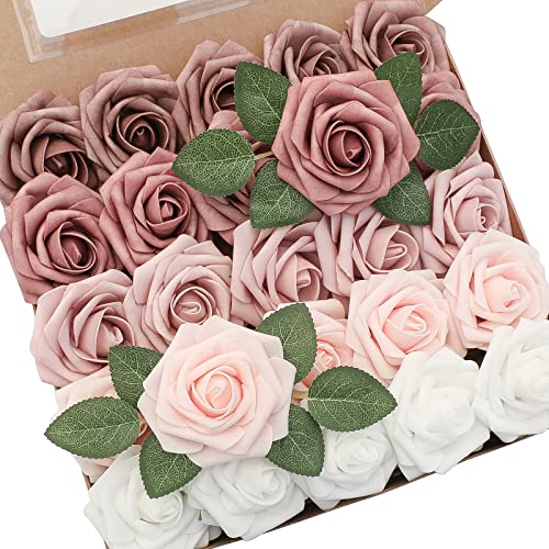 Floroom Artificial Flowers 25pcs Real Looking Dusty Rose Ombre Colors Foam Fake Roses with Stems for DIY Wedding Bouquets Bridal Shower Centerpieces Floral Arrangements Party Tables Home Decorations - color: Shades of Dusty Rose