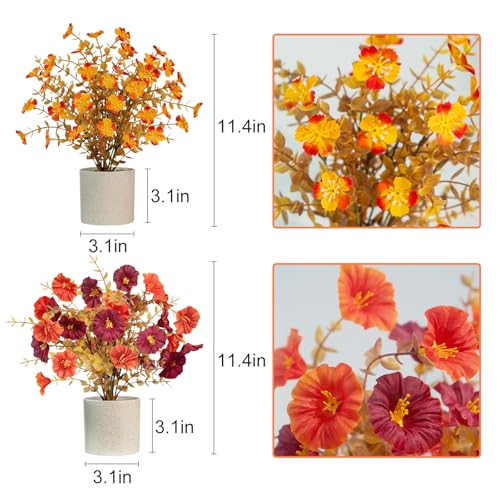 2 Pack Artificial Fall Flowers, Fake Small Plants Autumn Potted Flowers for Fall Table Centerpieces Thanksgiving Home Tabletop Office Bathroom Farmhouse Decor (Orange Red) - color: Orange Red, size: 2 Pcs