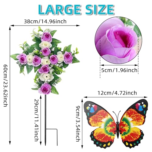Artificial Cemetery Flowers,Set of 2 Faux Floral Cross,Artificial Rose Bouquet Decoration for Cemetery Headstones Gravesites,Silk Flowers for Long-Lasting Remembrance (Purple) - color: Purple