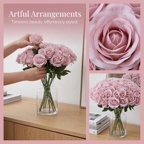 52pcs Dusty Pink Roses Artificial Flowers Ivory Fake Flowers Silk Roses with Stems for DIY Wedding Bouquets Bridal Shower Centerpieces Arrangements Party Decorations - color: Dusty Pink
