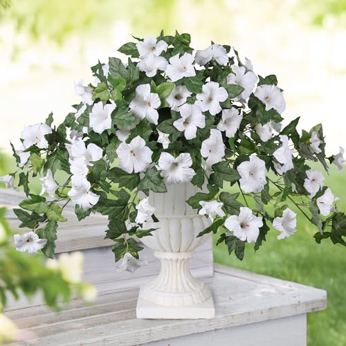 HyeFlora Artificial Flowers for Outdoors 2PCS Faux Petunias Silk Fake Flowers for Outside Planter UV Resistant Realistic Home Garden Porch Decor (White) - color: White