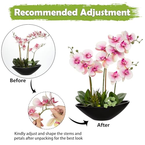 Briful Pink Orchid Fake Flowers 17in Artificial Orchid Silk Flowers in Black Pot Faux Orchid Arrangement for Home Office Bathroom Table Centerpiece Modern Decor - color: Pink Black