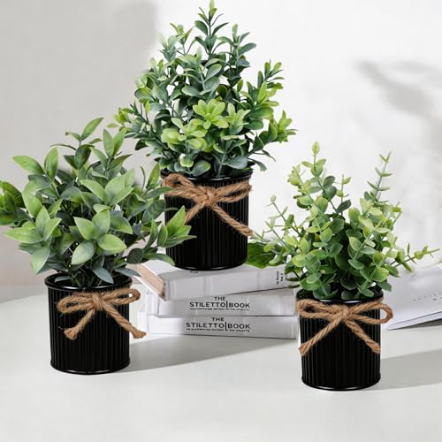 Yoratee 4 Potted Artificial Plants Metal Fake Potted Plant with Iron Pot Mini Greenery Decor Small Faux Plants for Indoor Farmhouse Home Porch Garden Bathroom Room Décor Black - color: Black