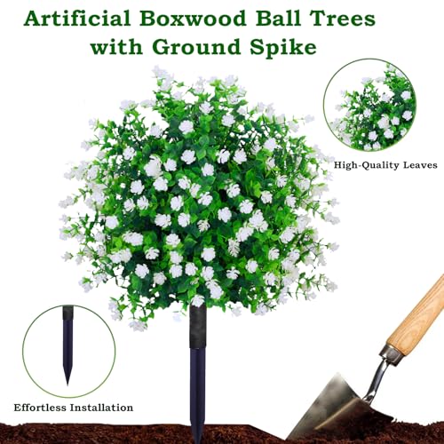 THKFUL Artificial Flower Topiary Ball Trees Outdoor Set of 2 - White Boxwood Ball Fake Plants with Ground Spike,23" Realistic Faux Shrubs UV Resistant for 4th of July Front Porch Window Box Decor - style: White