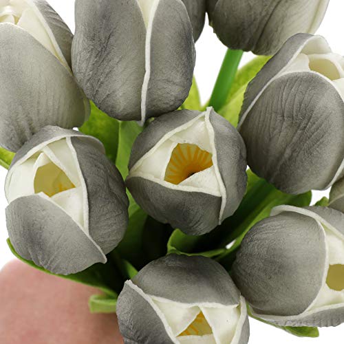 10 Pcs Artificial Tulips Flowers 13.8 inch Real Touch PU Fake Holland Tulip Bunches Bush Countertop Table Display Floral Decoration for Wedding Party Living Room (Gray)