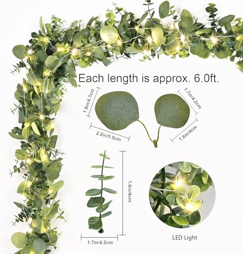 Dolicer 2 Packs 6FT Artificial Eucalyptus Garland with LED Light String, Faux Greenery Garland Hanging Fake Silver Dollar Eucalyptus Leaves Vines for Wedding Backdrop Arch Table Wall Party Home Decor - color: Grey Green With Light, size: 2 Packs