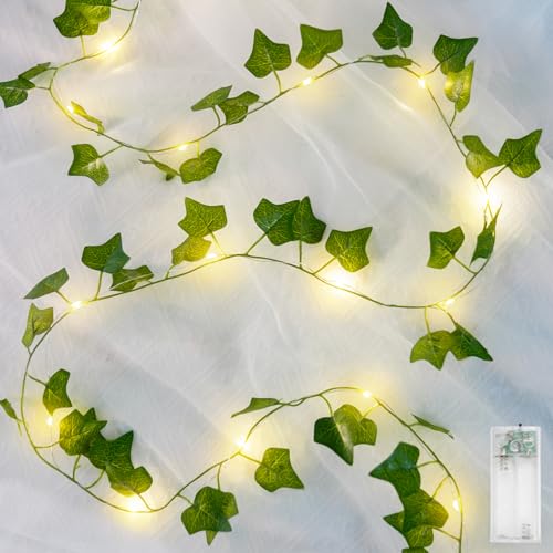 suddus Fake Vines with Lights Battery Operated, 20 LED 6.56FT Ivy Garland Fairy Lights with Timer, Leaf String Lights for Bedroom,Room,Window,Wall,Party,Garden,Wedding Indoor Decor (Warm White) - color: Ivy, size: 20 LED-Copper Wire Battery-Powered