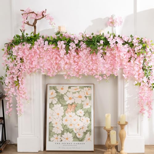 U'Artlines 10Pcs 7.2 Ft/Piece Artificial Wisteria Garland Silk Fake Light Pink Wisteria Flowers Hanging Greenery Vines Garlands Rattan for Home Garden Wedding Arch Party Indoor Outdoor Décor - color: Light Pink