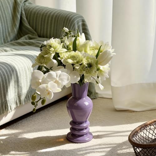 Handmade Glass Vase with Porcelain-Like Finish 8" Roman Column Vase for Flowers Matte Morandi Mother's Day Vase for Modern Home Decor Easter Table Decorations (Lavender) - color: Lavender