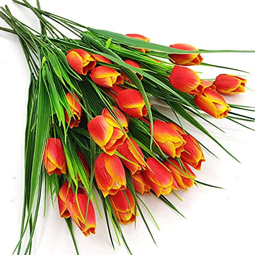 8 Bundles Outdoor Artificial Tulips Fake Flowers UV Resistant Faux Plastic Greenery Shrubs Plants for Home Outside Garden Porch Window Farmhouse Decor (Orange) - color: Orange