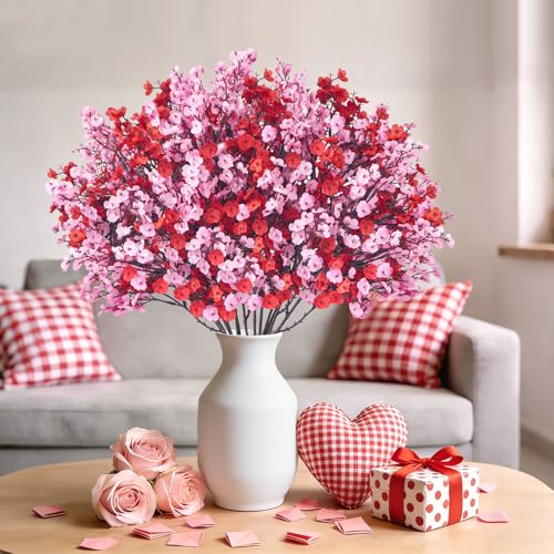 Uieke 12 Pcs Valentine’s Day Artificial Baby’s Breath Flowers, Red Pink Faux Gypsophila Bouquets Real Touch Silk Fake Flowers for Romantic Wedding, Anniversary, Party, Home Table Centerpiece Décor - color: Red and Pink, size: 12PCS