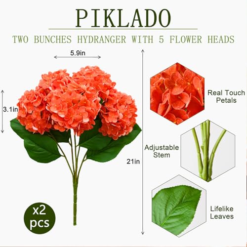 A Bunch 21in, Orange Real Touch Hydrangea Artificial Flowers, with 10pcs Flower Head 20pcs Leaves, Faux Hydrangea Flowers for Home Office Decor Wedding Party Arrangements (2, Orange-red) - color: Orange-red, size: 2 Bunch