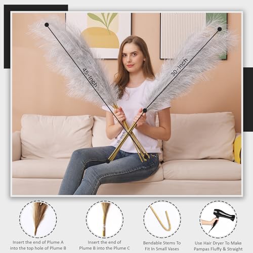 7 Pcs Faux Pampas Grass-45 Inches/3.75ft Large Boho Decor Fluffy Artificial Pompas Grass Décor Tall Vase Filler for Home Wedding Decoration (Silver, 7) - color: Silver