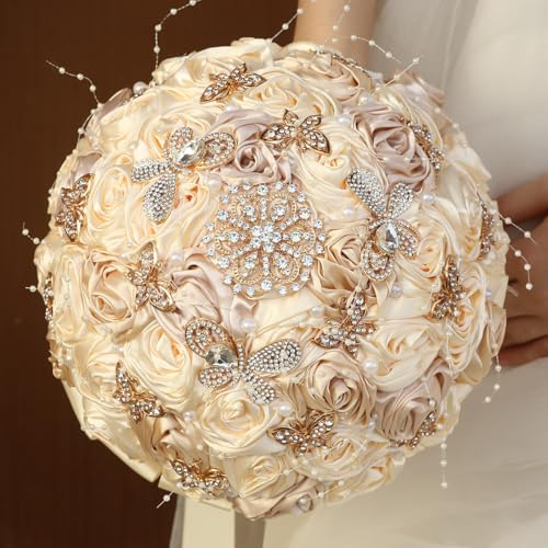 Handmade Wedding Flowers Bouquet Round Holding Bridal Bouquet Artificial Satin Roses Bunch for Bride Bridesmaid Wedding Quinceanera - color: Cream & Camel, size: Medium (Dia. 8.7"/22cm)