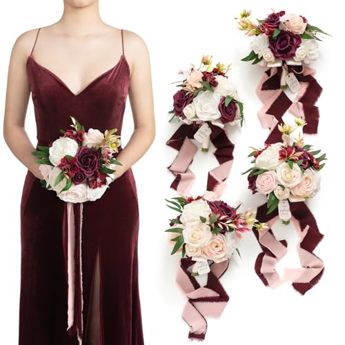 Ling's moment Artificial Flowers Marsala Red & Pink Bridesmaid Bouquet Set of 4, Wedding Flowers Bouquets for Bridesmaids, 7 Inch Bridal Bouquets for Bridesmaids, Wedding Decor, Ceremony, etc - color: Red-marsala & Blush