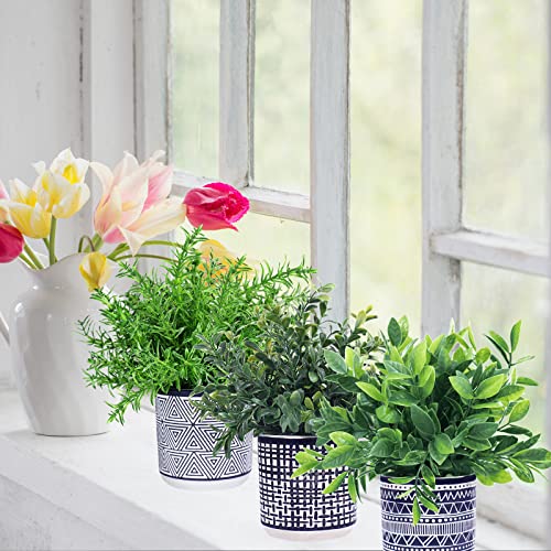 Winlyn Set of 3 Small Potted Plants Artificial Eucalyptus Rosemary Boxwood Plants in Black and White Geometric Pots for Table Centerpiece Kitchen Counter Windowsill Indoor Outdoor Garden Greens Decor