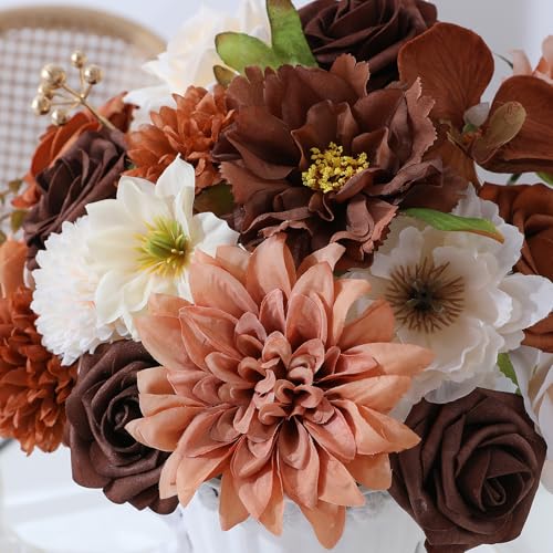 Floweroyal Artificial Flowers Fake Rose Flowers Dahlia with Stems for DIY Wedding Bridal Bouquets, Baby Shower, Floral Arrangement, Table Centerpieces, Home Decorations - color: Dark Brown