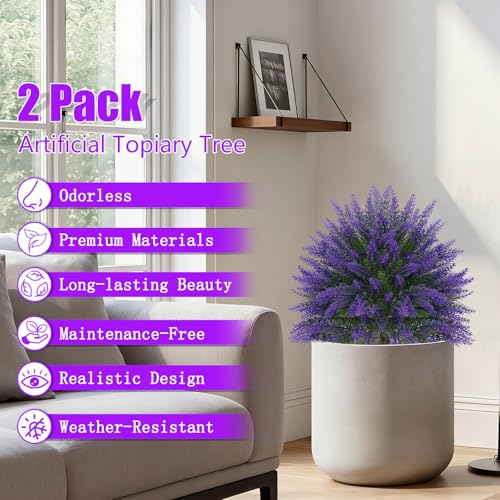Artificial Lavender Topiary Bushes with Ground Spike, 24" Set of 2 Faux Lavender Boxwood Ball Trees UV Resistant Fake Greenery Plants for Indoor & Outdoor Spring Porch Decor - color: Lavender