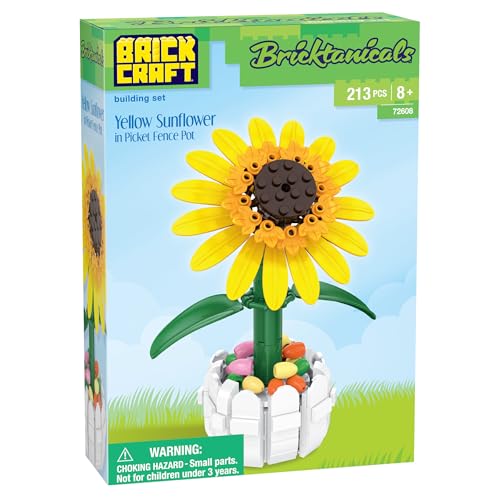 Brickcraft Bricktanicals Yellow Sunflower in Picket Fence Pot Brick Building Set, 213 Piece Botanical Flower Model, Ages 8 Plus, Collectible Build and Display Set, Spring Gift for Kids and Adults - style: Yellow Sunflower Spring